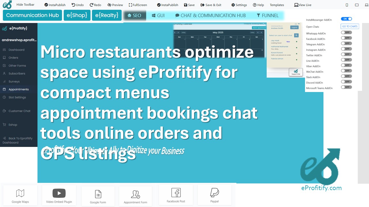 Micro restaurants optimize space using eProfitify for compact menus appointment bookings chat tools online orders and GPS listings